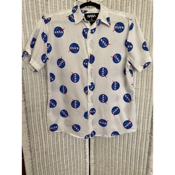 NASA White Button-Down Logo Print Short Sleeve - Picture 1 of 5